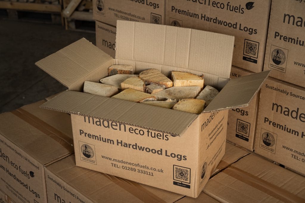Open box of Maden Eco Fuels premium hardwood logs in the Berwick-upon-Tweed warehouse