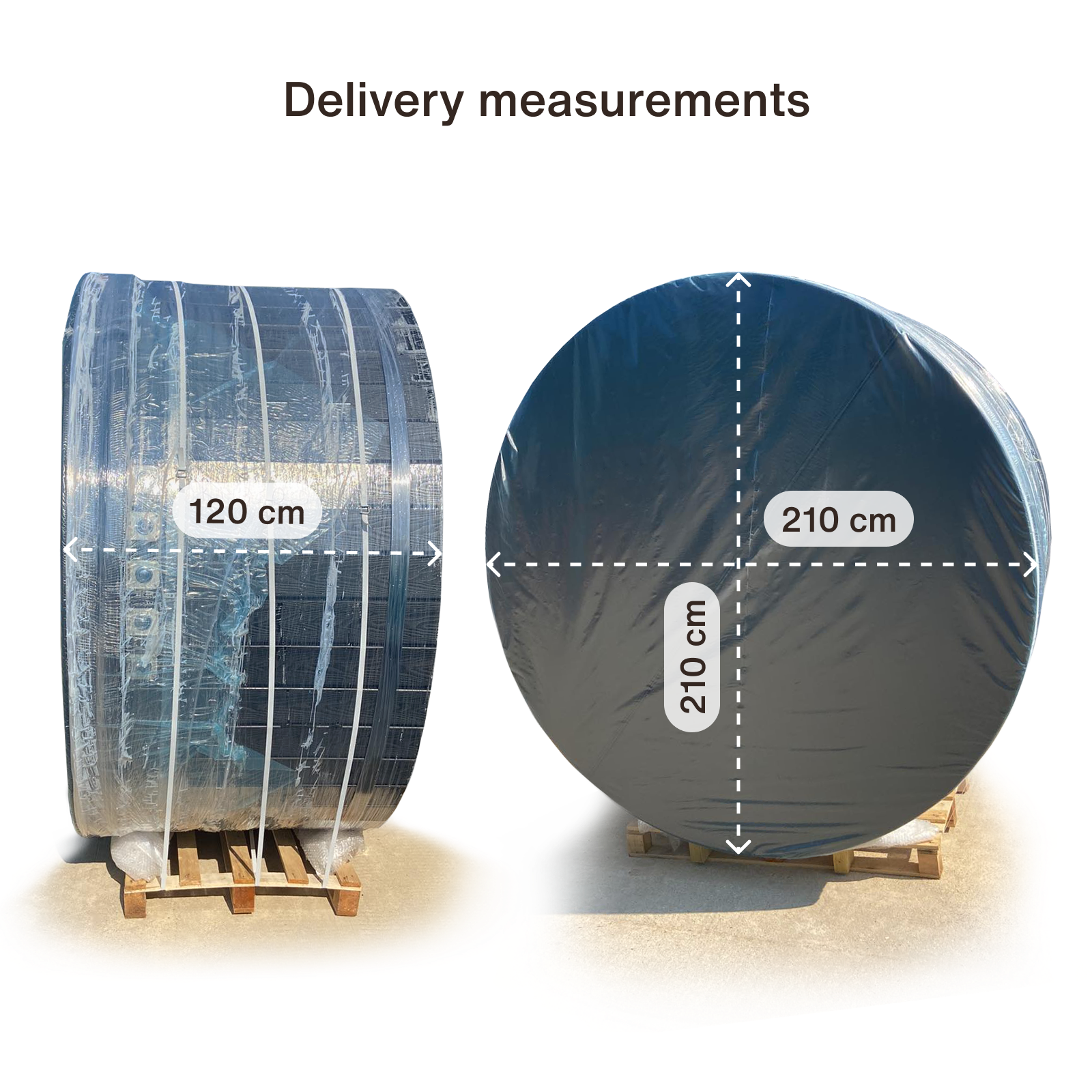 Delivery measurements for the Deluxe hot tub, 120cm wide pallet and 210 x 210cm wrapped tub