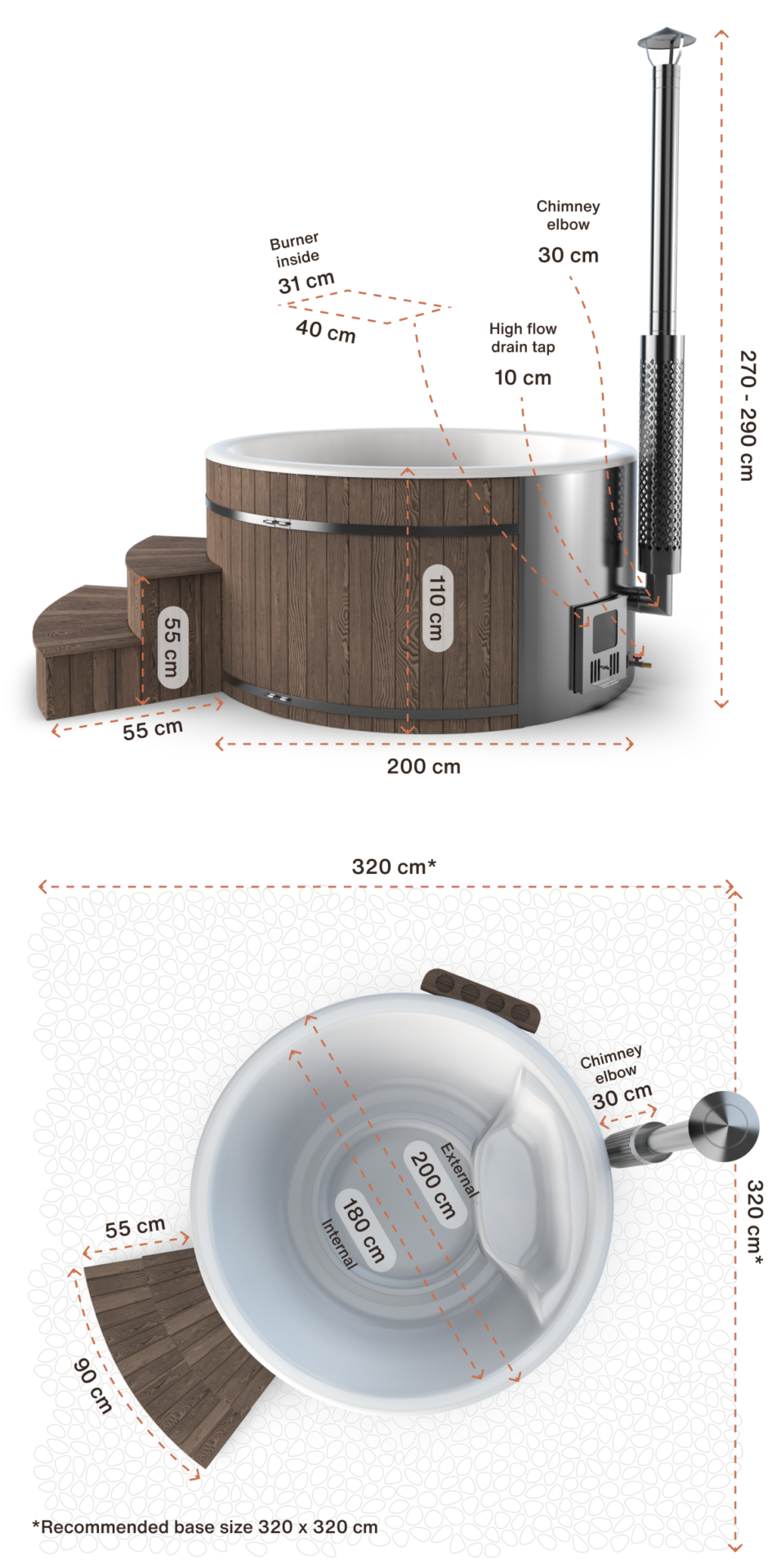 Deluxe wood-fired hot tub dimensions, 200cm external, 180cm internal, 110cm high