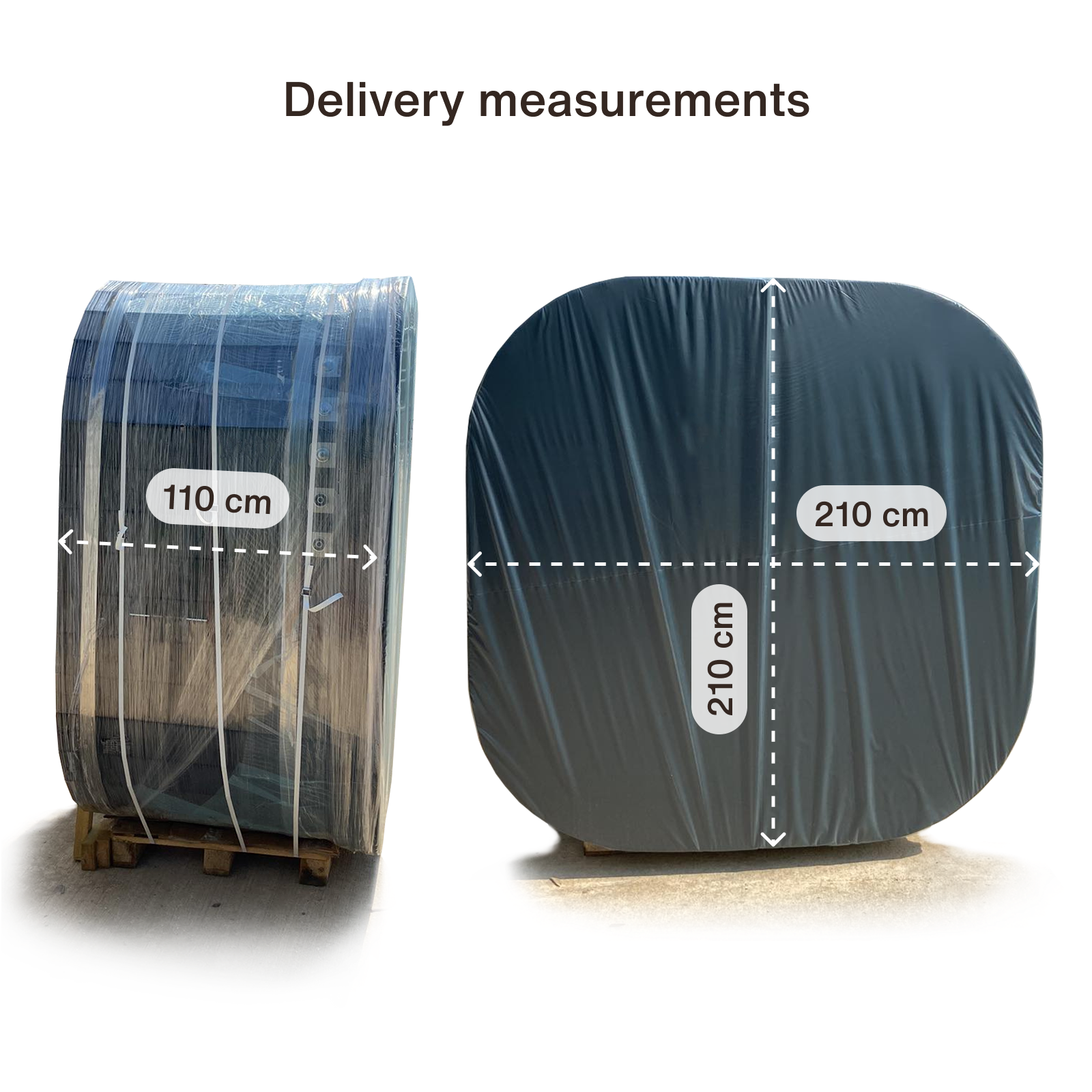 Delivery measurements for the square hot tub, 110cm wide pallet and 210 x 210cm wrapped tub