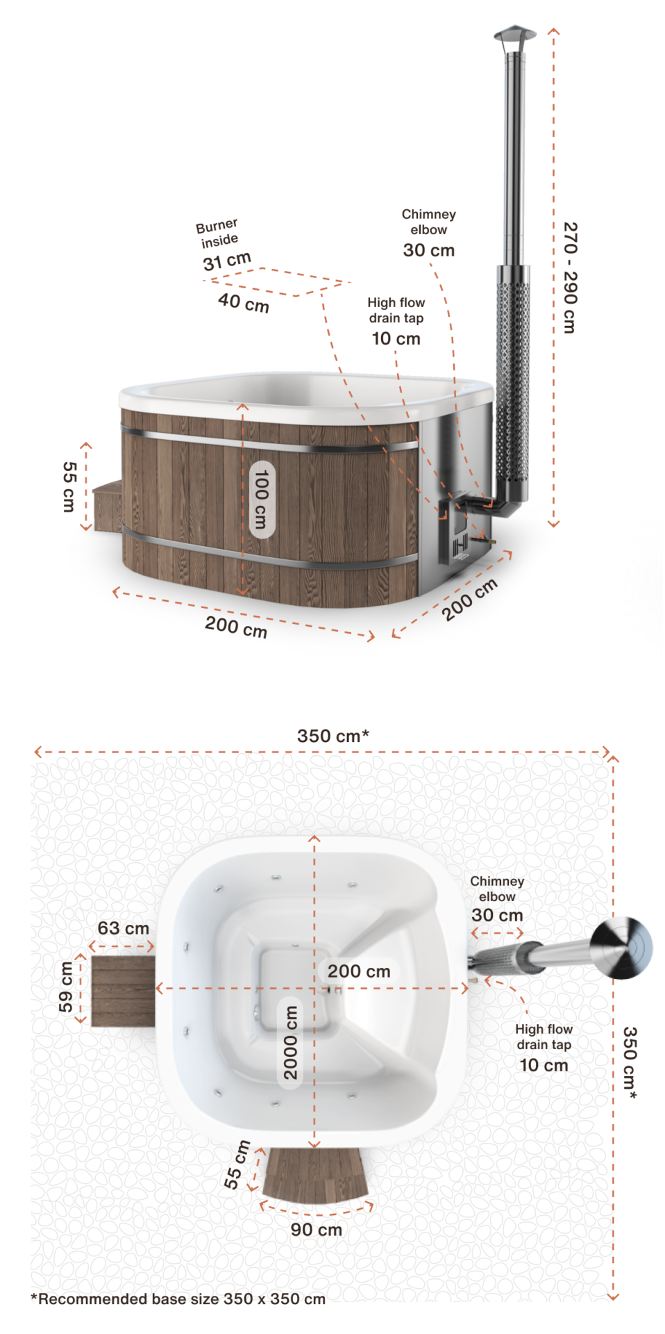 Square wood-fired hot tub dimensions, 200 x 200cm footprint and 100cm depth